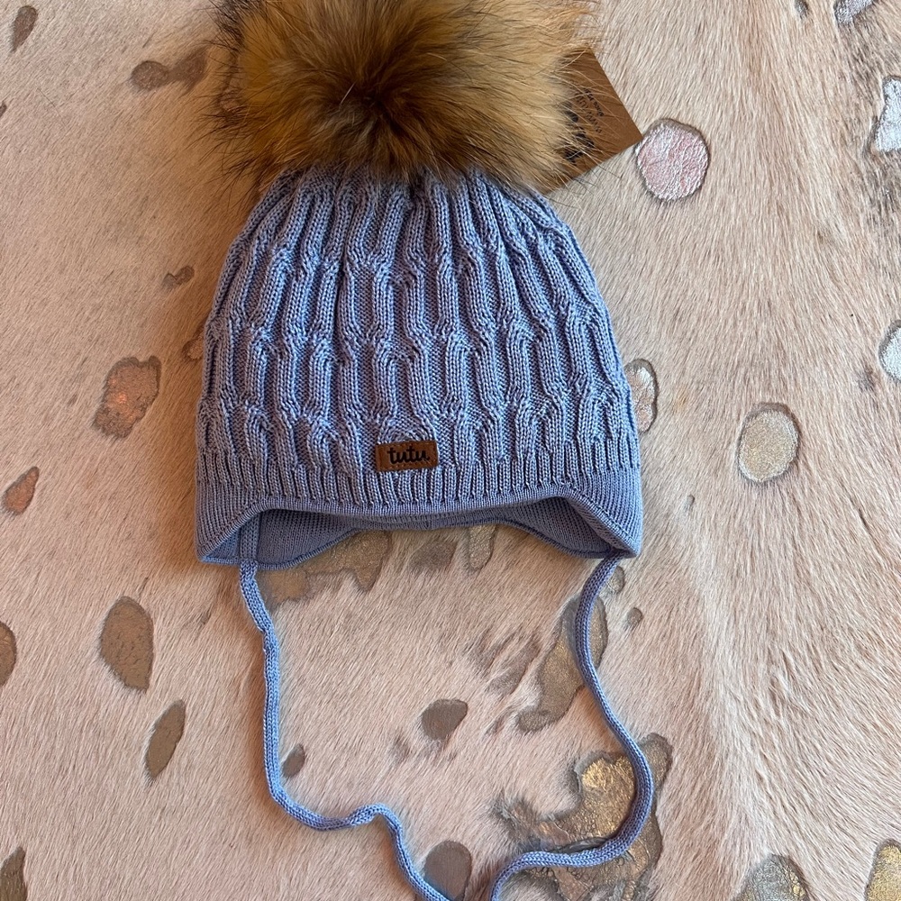 Winter Blue Knit Hat with Natural Pom Pom Tutu Brand